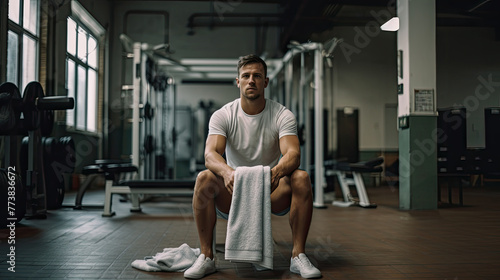 A tired guy after a workout with a towel in his hands sits on a bench in the gym.
