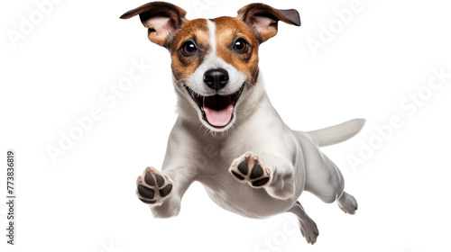 A vibrant brown and white dog joyfully jumps in the air