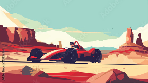 Young smiling guy sitting in red racing car on canyon