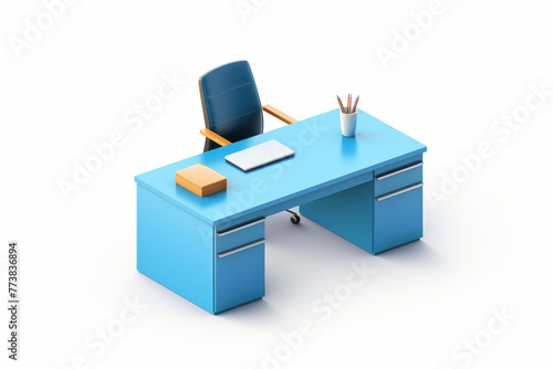 A simple blue office desk with a blue chair, a clipboard and pens, signifying an organized work environment © Tixel