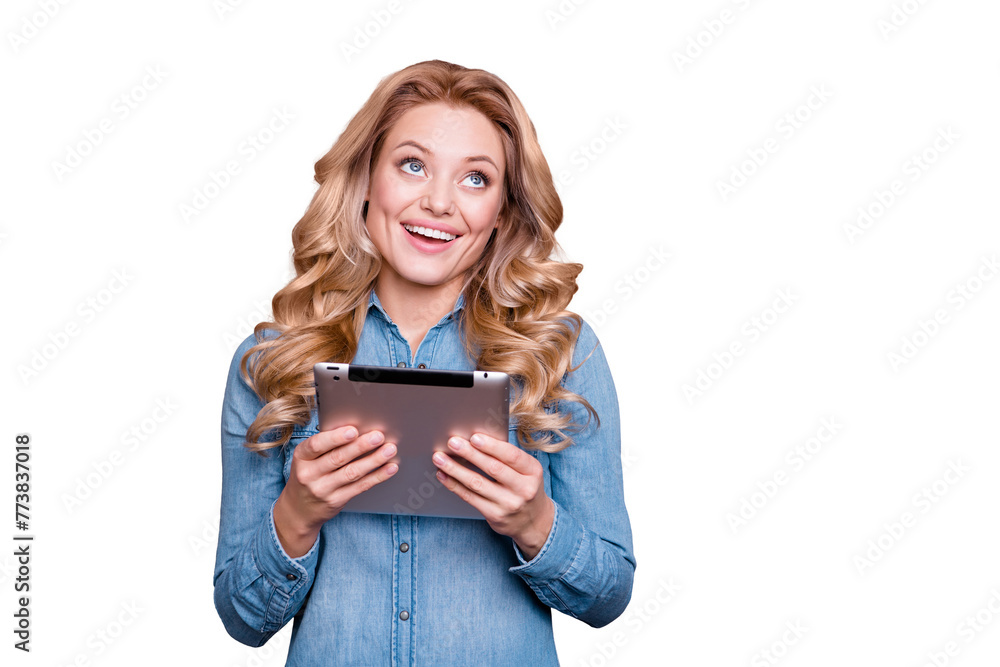 Portrait of her she nice cute winsome charming attractive cheerful wavy-haired lady wearing blue shirt holding in hands tablet fantasize fancy plan isolated over gray pastel background Portrait of her she nice cute winsome charming attractive cheerful wavy-haired lady wearing blue shirt holding in hands tablet fantasize fancy plan isolated over gray pastel background
