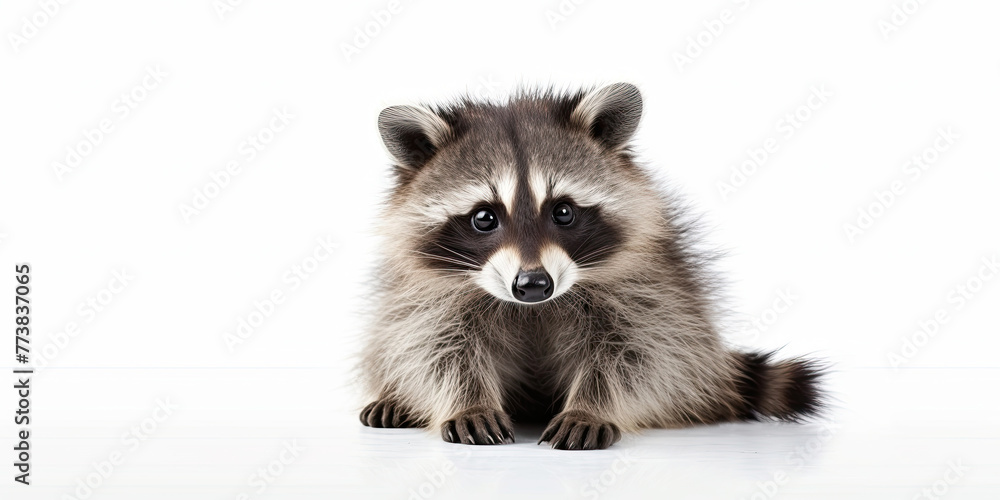 A small baby raccoon sits on a white background.