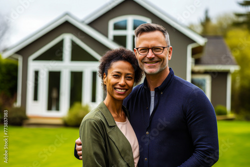 A happy, diverse couple standing in front of a beautiful house, portraying homeownership and joy