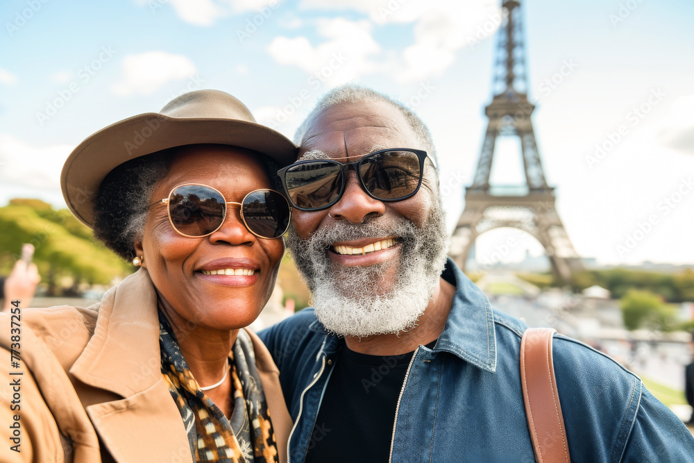 A cheerful couple takes a selfie with the Eiffel Tower in the background, suggestive of travel and joy A cheerful couple takes a selfie with the Eiffel Tower in the background, suggestive of travel and joy