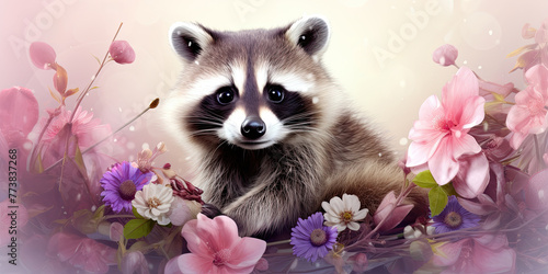 A small baby raccoon sits in a flower frame. Spring advertising banner layout for a pet store or veterinary clinic.