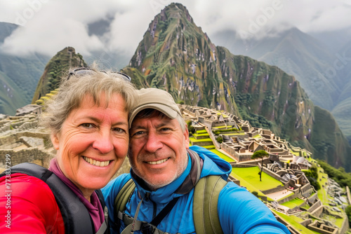 Two tourists take a selfie at Machu Picchu, capturing the essence of travel and ancient civilizations