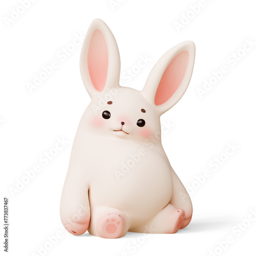 Simple fat cute funny kawaii fluffy cartoon white easter bunny with eyebrows, pink ears cheeks, soft paws in sitting playful pose. Lovely adorable pet in minimal style. 3d render isolated transparent