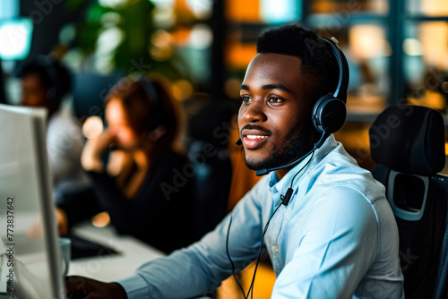 An African man wearing headphones and smiling while working at a computer in a lively office