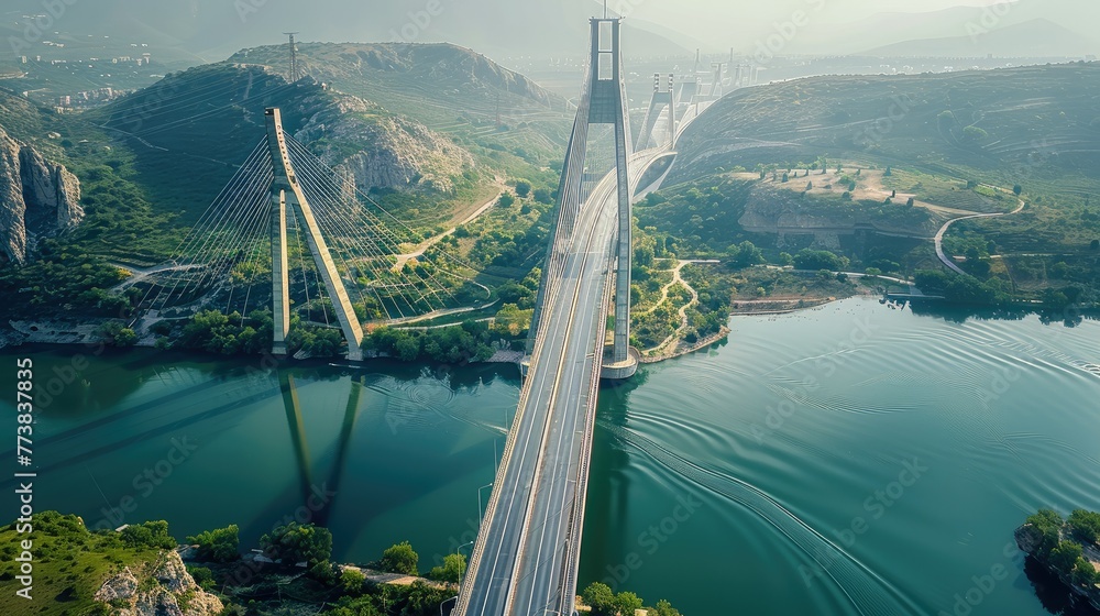 1 slim round tower cable-stayed bridge for Automobiles, Aerial view. Generative AI. - obrazy, fototapety, plakaty 