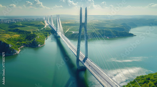 1 slim round tower cable-stayed bridge for Automobiles, Aerial view. Generative AI. photo