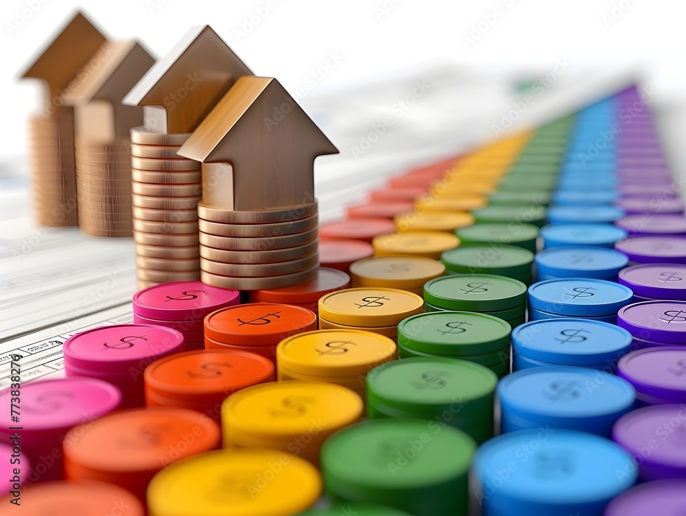 Close-up of ascending coin stacks in the shape of houses with colorful graphs, illustrating real estate investment growth and market trends analysis. Close-up of ascending coin stacks in the shape of houses with colorful graphs, illustrating real estate investment growth and market trends analysis.