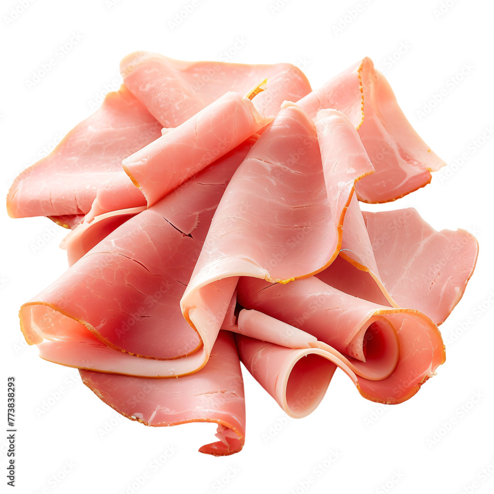 Thin slices of ham isolated on white background, piece of ham , delicious ham slices 