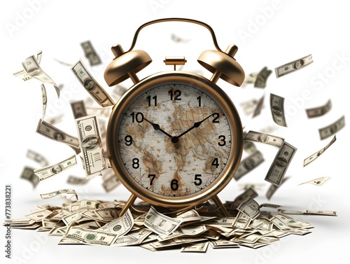 A compelling visual metaphor of an alarm clock with dollar bills flying around, depicting the classic idiom 