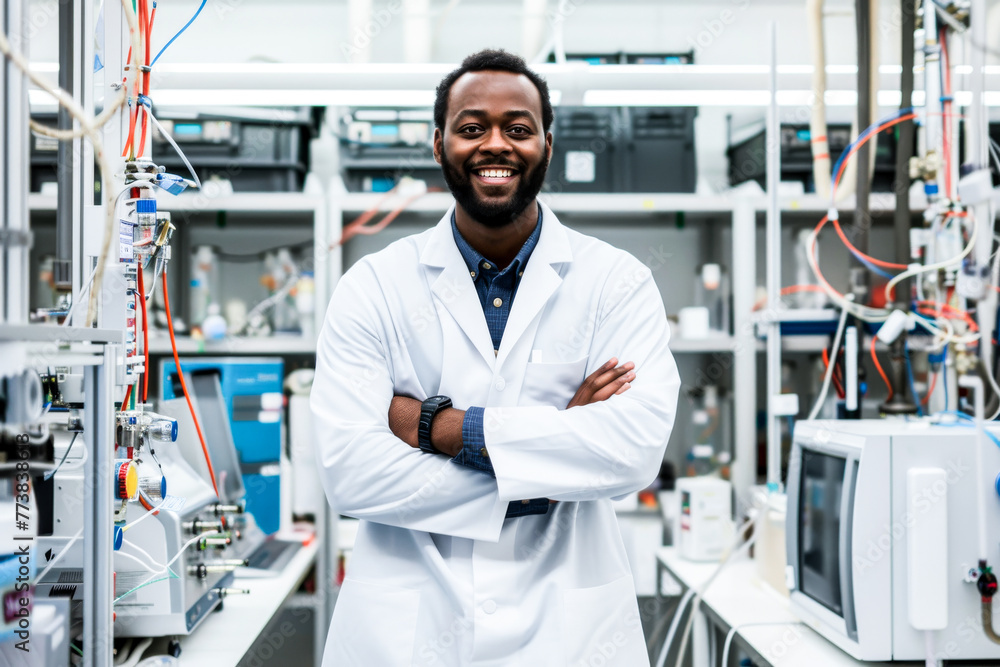 A smiling male African American scientist in a white lab coat stands confidently in a high-tech laboratory A smiling male African American scientist in a white lab coat stands confidently in a high-tech laboratory
