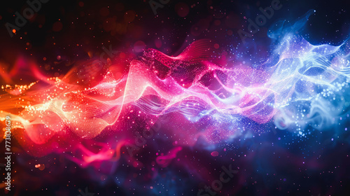 Abstract digital art of colorful wave particles flowing across a starry space background, representing energy and connectivity.