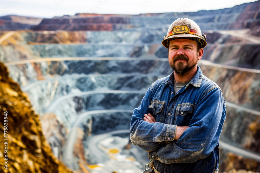 Cheerful male miner with a beard posing in front of a large mining excavation site Cheerful male miner with a beard posing in front of a large mining excavation site