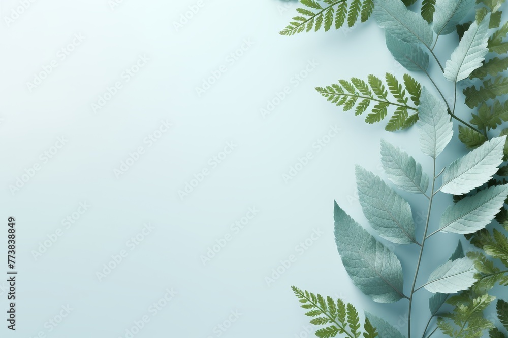 Green leaves on light blue background, flat lay with copy space, botanical concept design