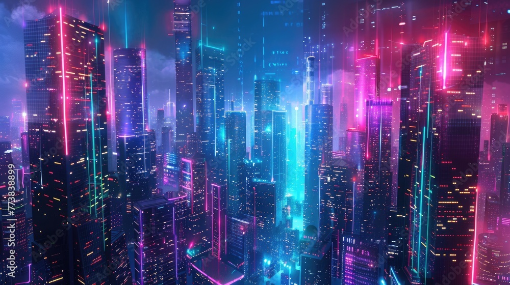 Neon Skyline: Cyberpunk Cityscape illustration and Neon Lights in Dark Ambient Skyscraper Urban Landscape