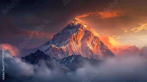Mystic Mount Everest: Dramatic Sunset View of the Himalayas with Foggy Mist and Beautiful Lighting #773838807