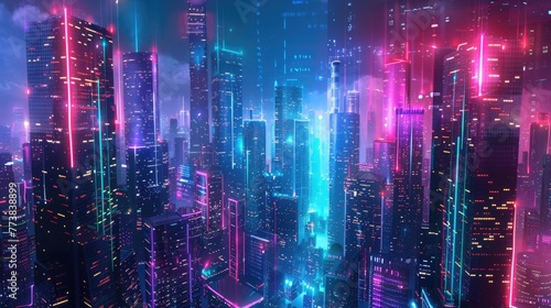 Neon Skyline: Cyberpunk Cityscape illustration and Neon Lights in Dark Ambient Skyscraper Urban Landscape