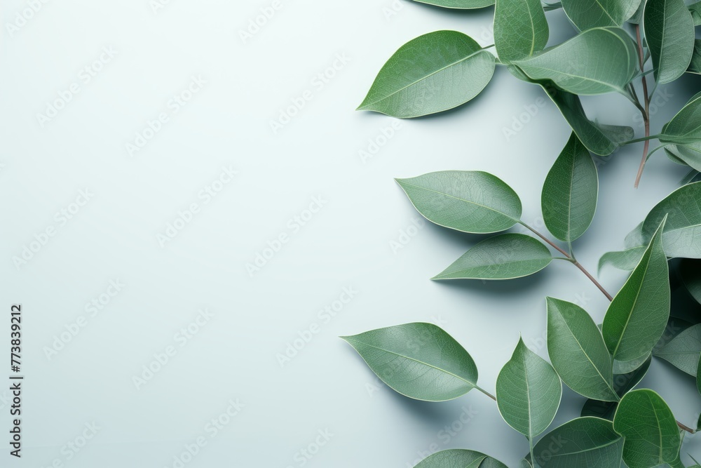 Flat lay of fresh green leaves on light blue background with copy space for text