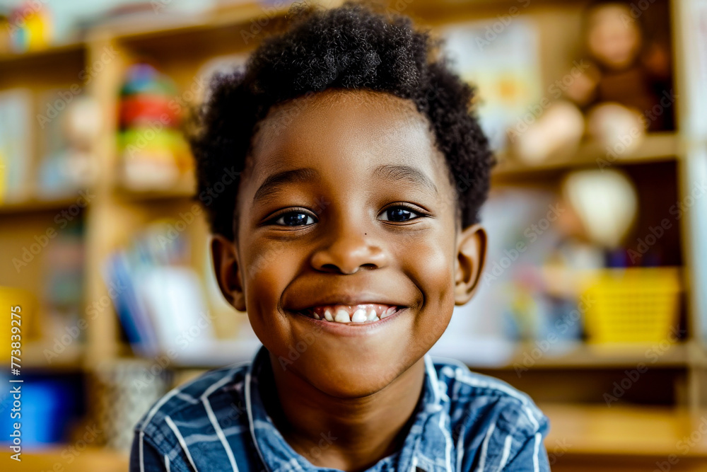 Close-up of a joyful African American boy with a bright smile in a classroom Close-up of a joyful African American boy with a bright smile in a classroom