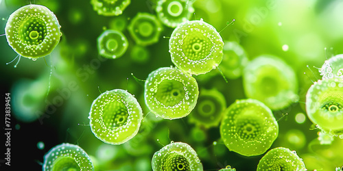 Close-up of green, circular microorganisms under the microscope with a blurred background, possibly depicting bacteria, algae, or cells in a petri dish. photo