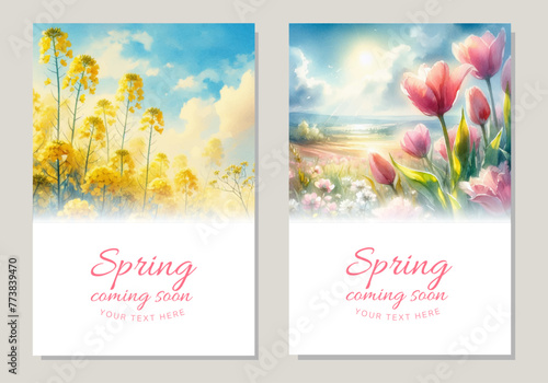 Watercolor illustration background of tulips and rapeseed flowers