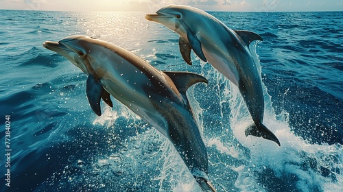 Three dolphins jumping out of the blue sea on a sunny day, a beautiful natural landscape. Generative AI.