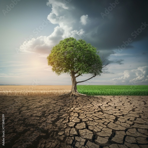 Dry land with cracked soil and a lonely tree. Global warming concept