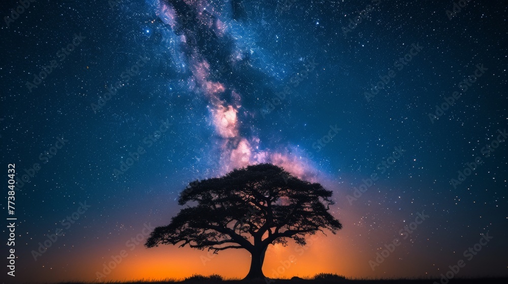 A stunning display of the Milky Way galaxy over a solitary tree in a dark field.