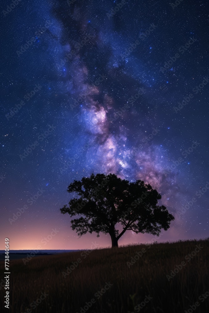A lone tree illuminated by a starry sky, with a warm glow on the horizon.