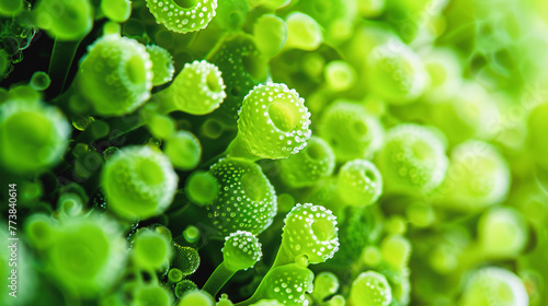 Close-up of vibrant green plant cells or algae with visible chloroplasts and intricate detail, illustrating photosynthesis in nature. photo