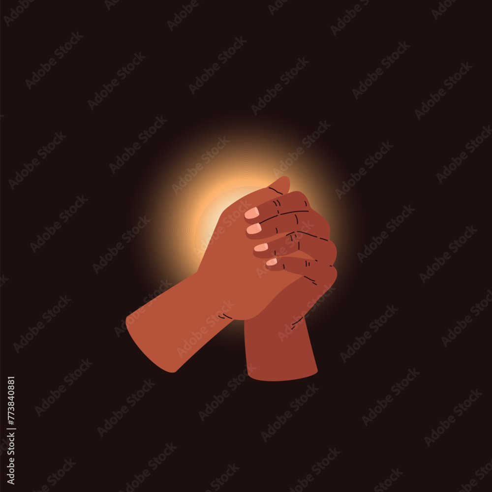 Vector illustration with the image of praying hands illuminated by light on a black background