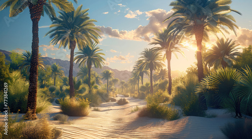 A desert oasis with palm trees and a clearing in the middle  morning light. Generative AI.