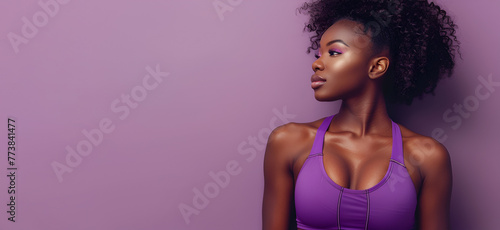 Afro american fitness woman in purple top with well defined abdominal muscles	
