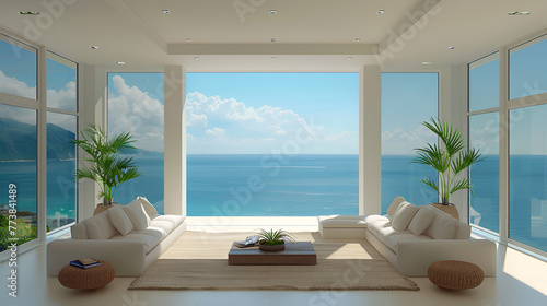 Sea view living room with wooden floor and white sofa in luxury beach house, Modern interior of vacation home	
