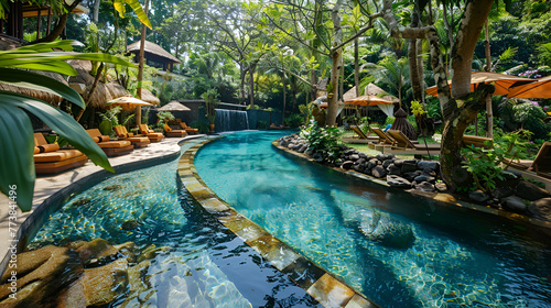 Luxurious hotel with stunning pool, surrounded by green tropical beauty	
