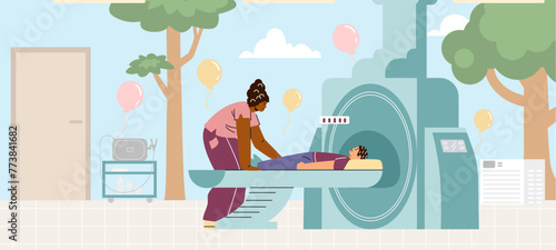 MRI diagnostics in children clinic, vector medical examination kid patient on magnetic resonance imaging radiology