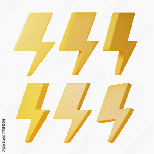 3d yellow energy icon set different 6 rotation. Realistic 3d render lightning bolt icons. Vector illustration.
