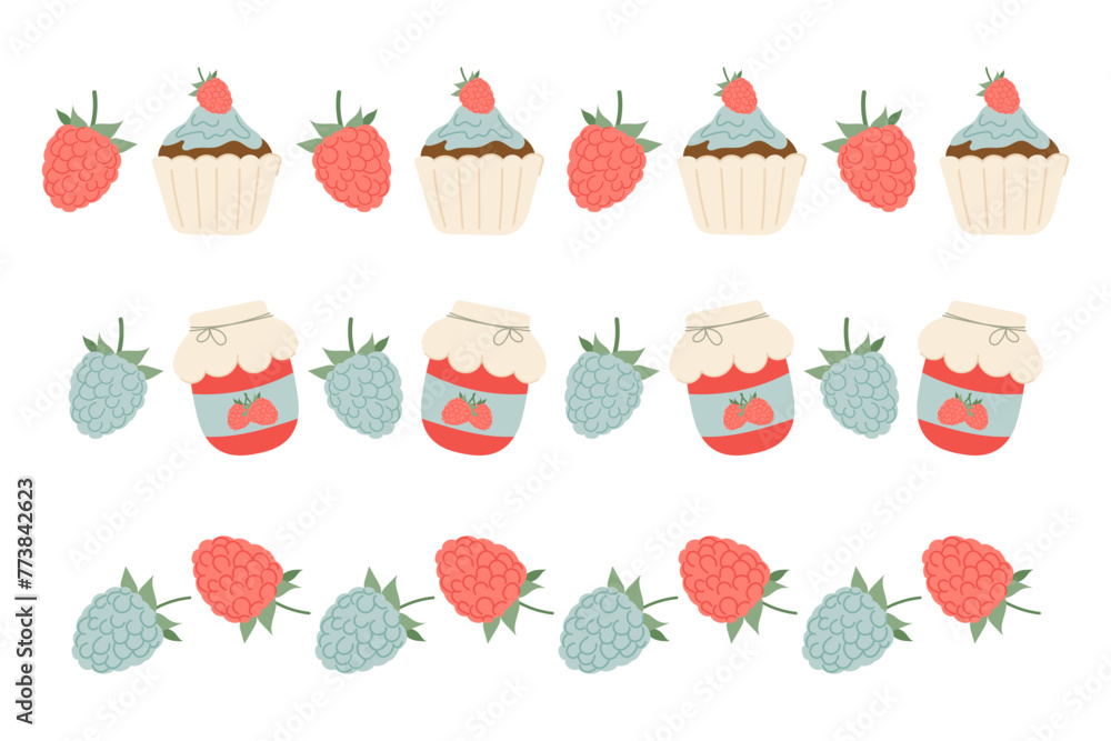 Frame with raspberries, jam and cupcake in flat style. Set decorative frame, border on a transparent background. Food. Frame with raspberries, jam and cupcake in flat style. Set decorative frame, border on a transparent background. Food.