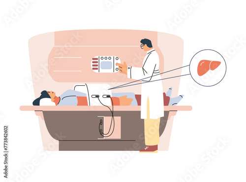 A doctor performs an MRI of the liver - vector illustration.