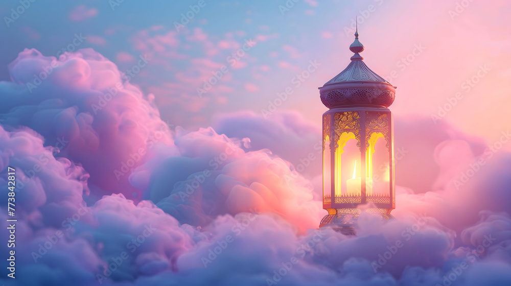 Elegant 3D Ramadan Lantern with Clouds in Dark Purple and Blue Tones on a Pink Background Elegant 3D Ramadan Lantern with Clouds in Dark Purple and Blue Tones on a Pink Background