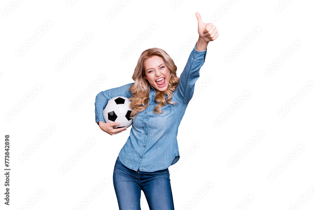 Portrait of her she nice fascinating charming attractive cheerful optimistic wavy-haired lady wearing blue shirt holding in hands black and white ball showing thumbup isolated over gray background