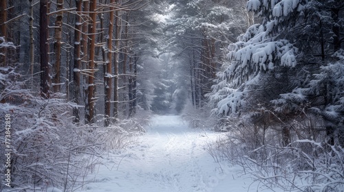 A snowy forest path glows under a twilight sky, flanked by trees dusted with a delicate frost. © burntime555