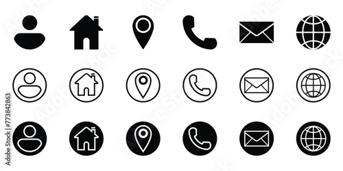 contact information icons. business card icon set of different styles. for print, mobile app or website. vector icons on transparent background.