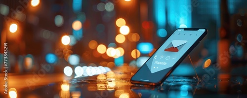 Phone screen with Telegram messenger logo, blurred background, professional photo