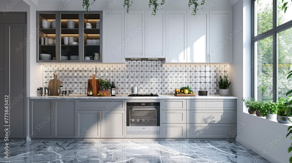 Modern kitchen with grey cabinets and white walls, interior design ...