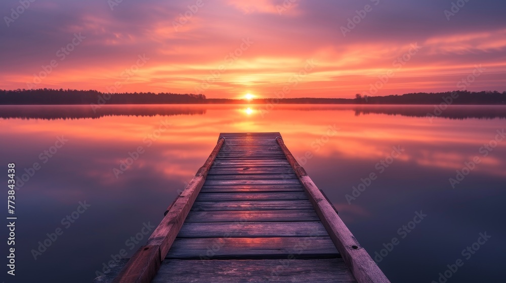 The first light of dawn illuminates a serene wooden dock overlooking a smooth lake with a beautiful sunrise.