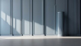 Beautiful gray-blue empty wall with columns with lateral lighting. Minimalistic background for product presentation. 